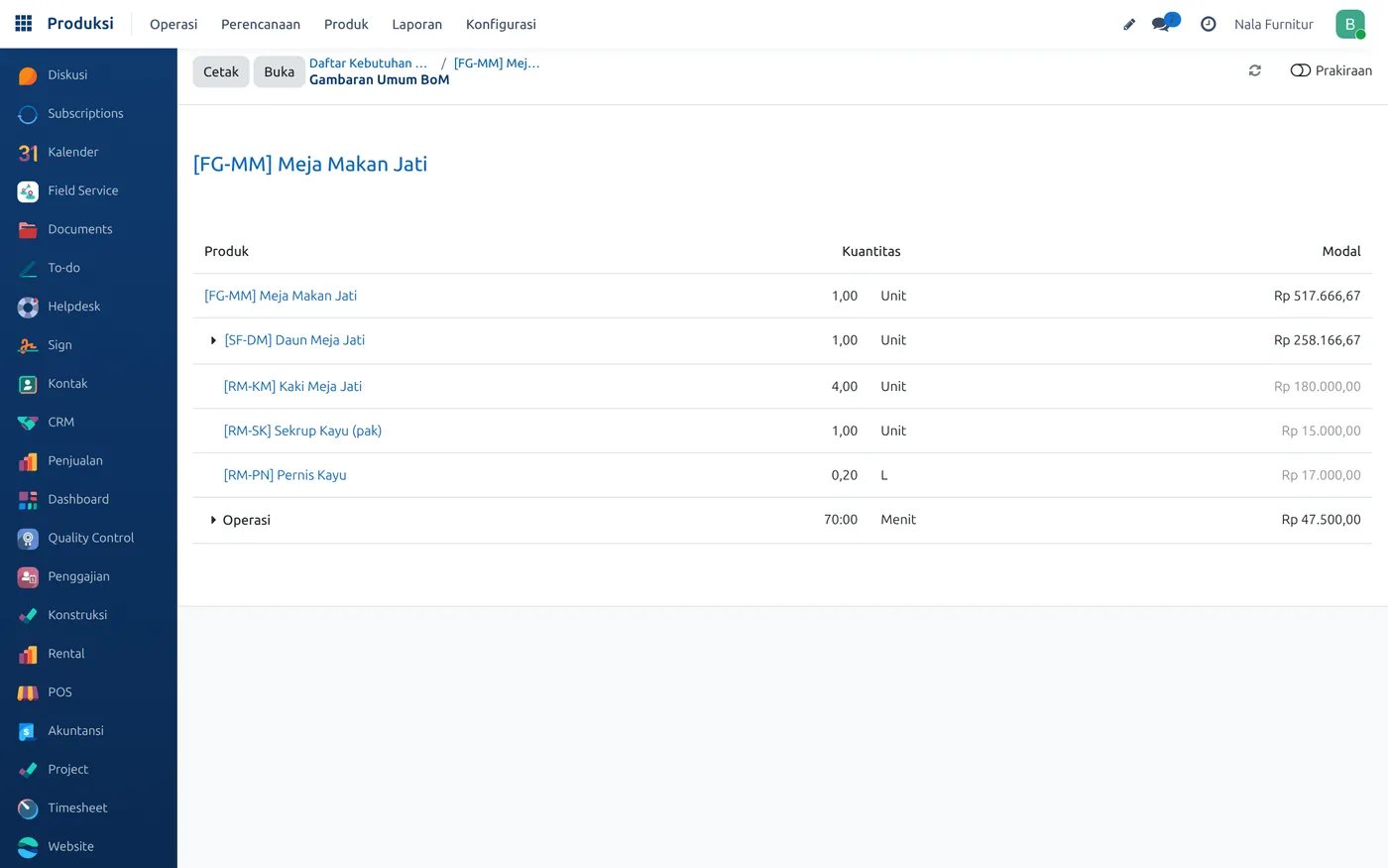 Bill of Materials meja makan di Odoo